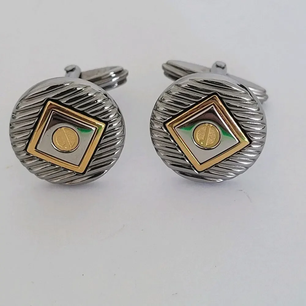 Dunhill D Cufflinks Silver Gold Tone Logo Round‎ Designer Logo Vintage Geometric